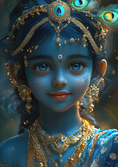 Little boy Krishna with blue skin decorated with jewelry, peacock feathers, smiling on blurred dark background, Hinduism, Krishna Janmashtami