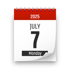 Date 7 July 2025 year realistic calendar day page design. July 7 transparent png