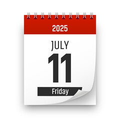 Date 11 July 2025 year realistic calendar day page design. July 11 transparent png