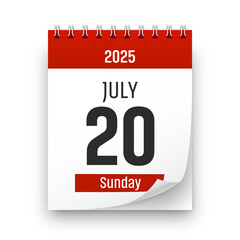 Date 20 July 2025 year realistic calendar day page design. July 20 transparent png
