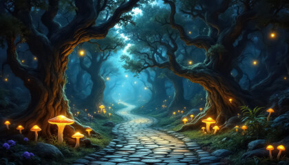 Fantasy forest at night, magic lights and walkway in dark fairytale wood