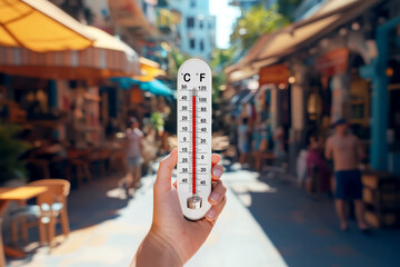 Hand holding thermometer in hot city street with cafes, high temperature reading during summer heatwave in urban area