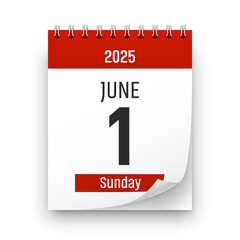 Date 1 June 2025 year realistic calendar day page design. June 1 transparent png