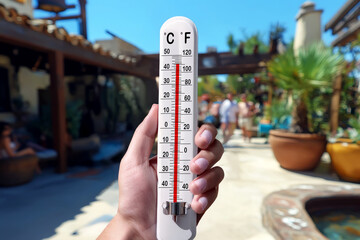 Hand holding thermometer in hot resort courtyard, extreme summer temperature with blurred people and tropical decor