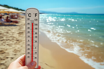 Hand holding thermometer on sunny beach, high summer temperature with sparkling sea and blurred sunbathers in background