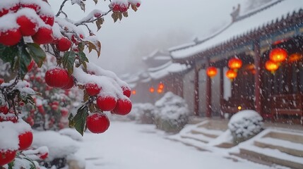 Snowy Serenity: Red Berries and Temple in Winter Wonderland