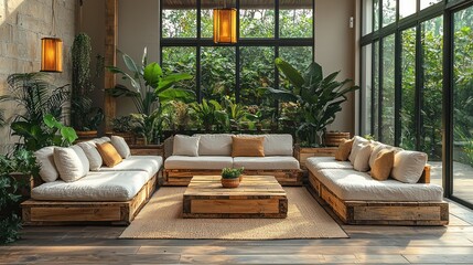 Modern rustic living room with sectional sofa, plants, and large windows.