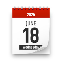 Date 18 June 2025 year realistic calendar day page design. June 18 transparent png