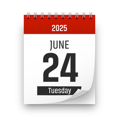 Date 24 June 2025 year realistic calendar day page design. June 24 transparent png