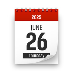 Date 26 June 2025 year realistic calendar day page design. June 26 transparent png