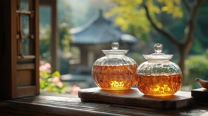Serene Tea Ceremony: Glass Teapots on Wooden Windowsill