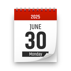 Date 30 June 2025 year realistic calendar day page design. June 30 transparent png