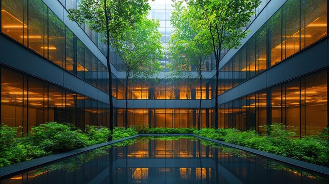 Modern building atrium with trees and reflecting pool.