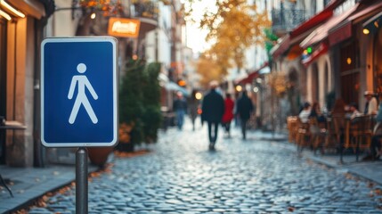 Empty cobblestone street with pedestrian sign in quaint area, autumn leaves lining the ground, people strolling in Parisian neighborhood