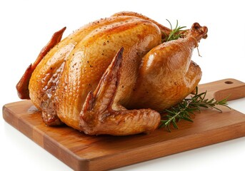 A perfectly roasted whole chicken garnished with rosemary on a wooden cutting board isolated on white