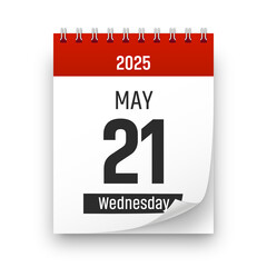Date 21 May 2025 year realistic calendar day page design. May 21 transparent png