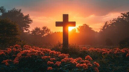 Sunset Cross: A Peaceful Sunset Scene with a Stone Cross