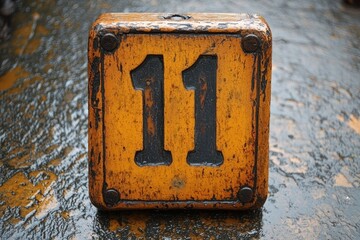 Vintage Number Eleven Sign: Weathered Wooden Block