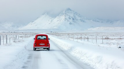 Red Van on a Snowy Icelandic Road