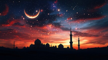 Majestic Night: Crescent Moon Over Mosque Silhouettes