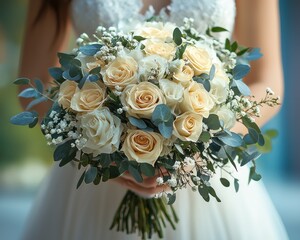 Elegant Bridal Bouquet:  Cream Roses and Eucalyptus