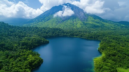 Majestic Volcano and Serene Crater Lake: A Breathtaking Aerial View
