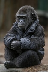 A pensive gorilla wearing a dark puffer jacket, sitting on a rock, gazing downward. A heartwarming image highlighting the intelligence and emotions of this great ape.