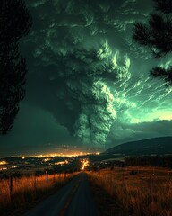 Eerie Green Sky Over Night Country Road