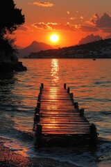 Sunset over the Sea: A Serene Wooden Pier at Golden Hour