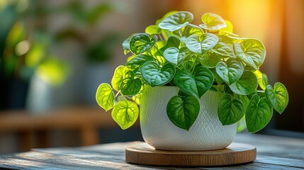 Vibrant Green Philodendron Plant in a White Pot, Basking in Sunlight