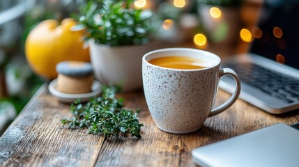 Cozy Autumn Vibes: Warm Tea and Laptop on Wooden Table