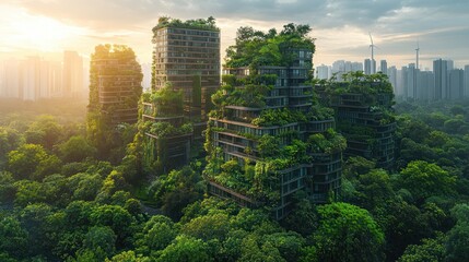 Lush green foliage covers modern skyscrapers nestled in a dense forest at sunset.