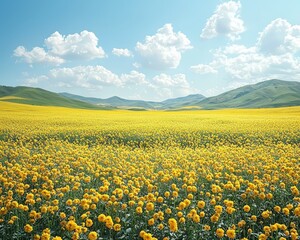 Obraz premium Serene Yellow Flower Fields in Rolling Hills Under a Blue Sky