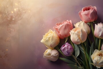Delicate Pastel Tulips and Roses Bouquet on Soft Background