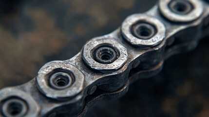 Closeup of old rusty chain lying on greasy surface