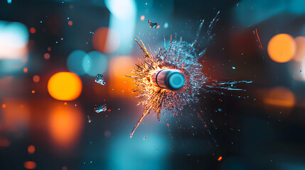 Bullet impact creating vibrant explosion effect with colorful background lights at night