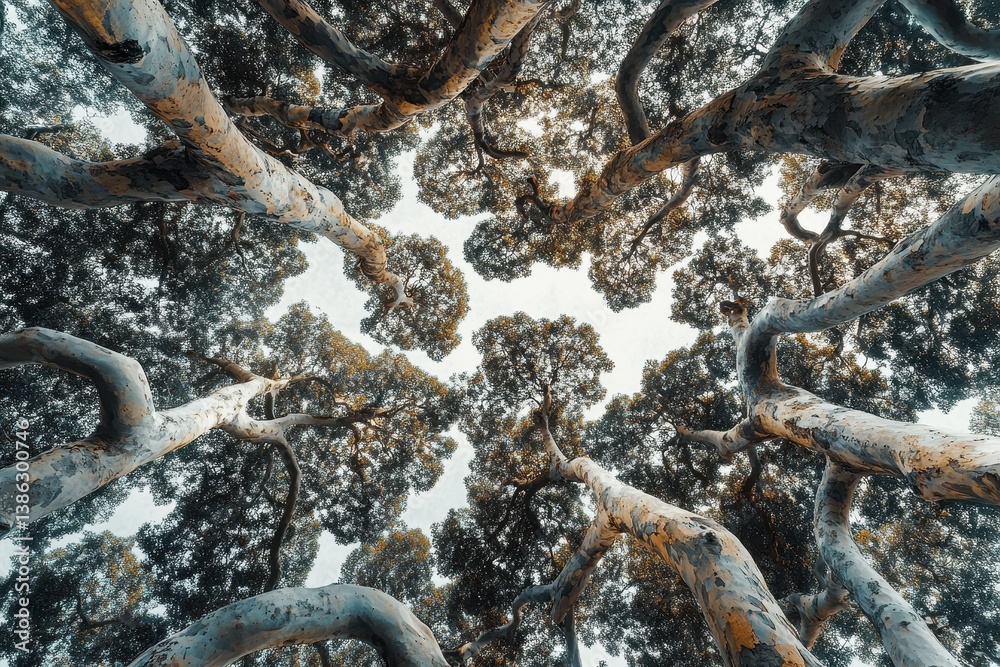 Aufkleber tall trees create a canopy above, capturing sunlight in a peaceful forest during midday