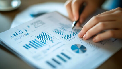 Hands Analyzing Blue Financial Charts and Graphs with Pen on Paper