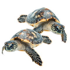 Obraz premium Two sea turtles swimming gracefully against a black background Ocean wildlife beauty nature isolated on transparent background