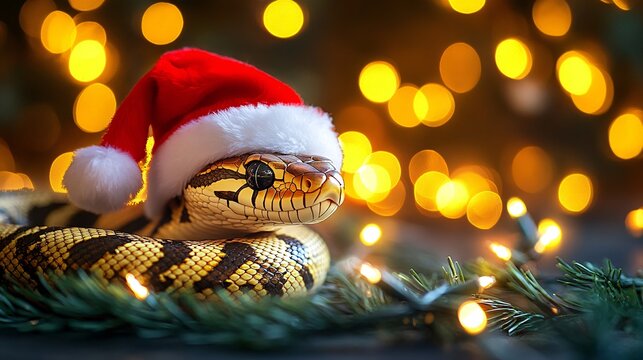 Ball python wearing santa hat posing on pine branches with christmas lights