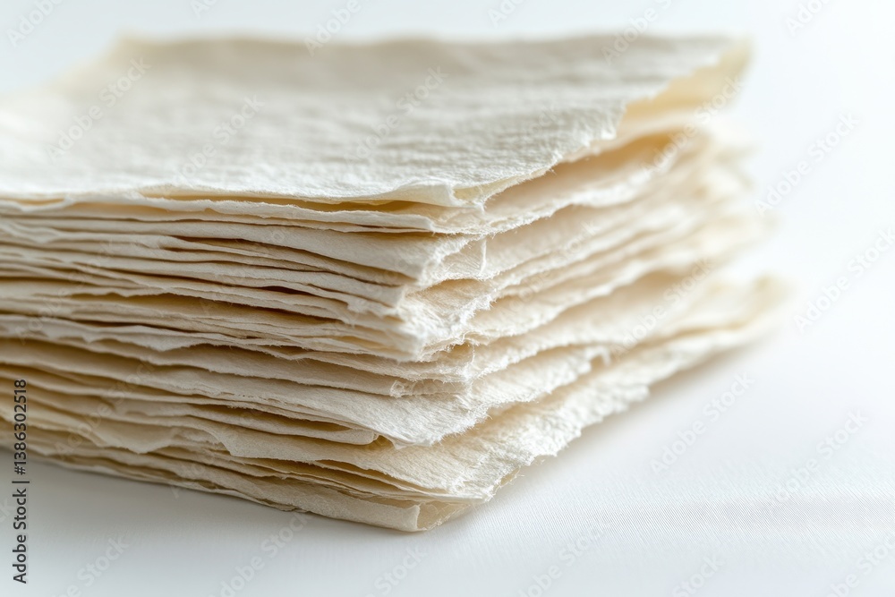 Poster Handmade paper sheets stacked neatly on a white surface, showcasing their unique texture and natural materials for crafting and artisanal projects
