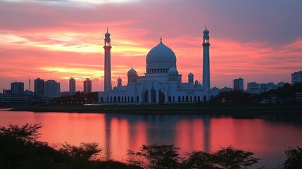 Majestic Mosque at Sunset: A Serene Reflection