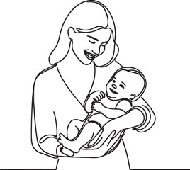 Beautiful Line Art of Mother with Smiling Baby