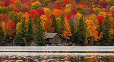 Obraz premium Secluded Autumn Log Cabin by the Lake
