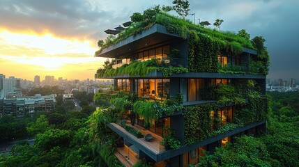 Fototapeta premium Eco-friendly apartment building at sunset.
