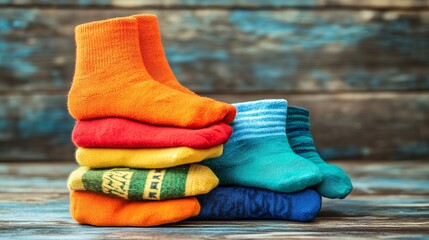 Colorful socks forming a pyramid on a wooden background