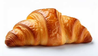 this image shows a single golden brown croissant likely freshly baked against a white background emphasizing its delicious appearance