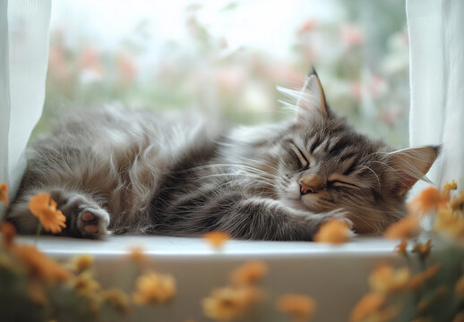 Fluffy gray cat sleeping on white table by window with garden view
