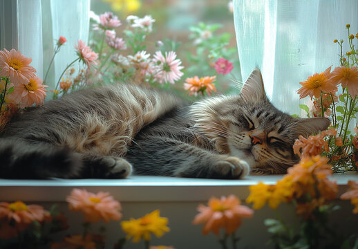 Fluffy gray cat sleeping on white table by window with garden view - Powered by Adobe