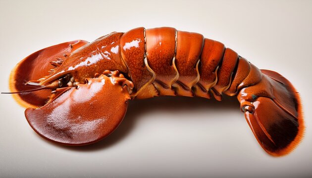 a studio shot shows a cooked lobster tail with a light brown textured shell
